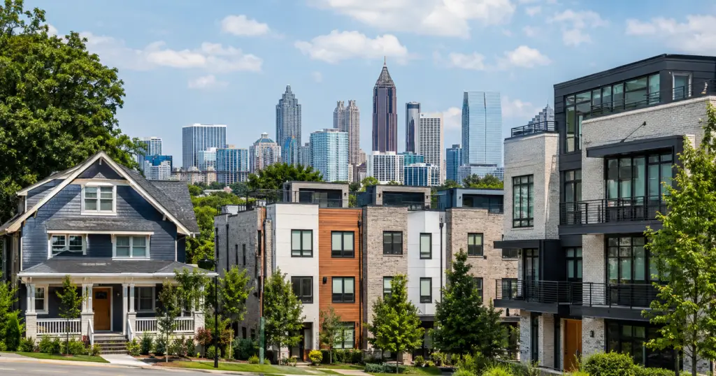 Atlanta skyline with single family home and apartments