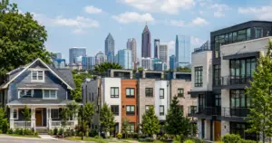 Atlanta skyline with single family home and apartments