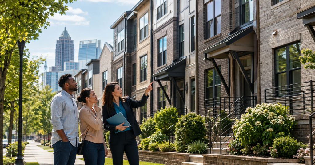 Homebuyers touring an Atlanta townhome community with a real estate agent