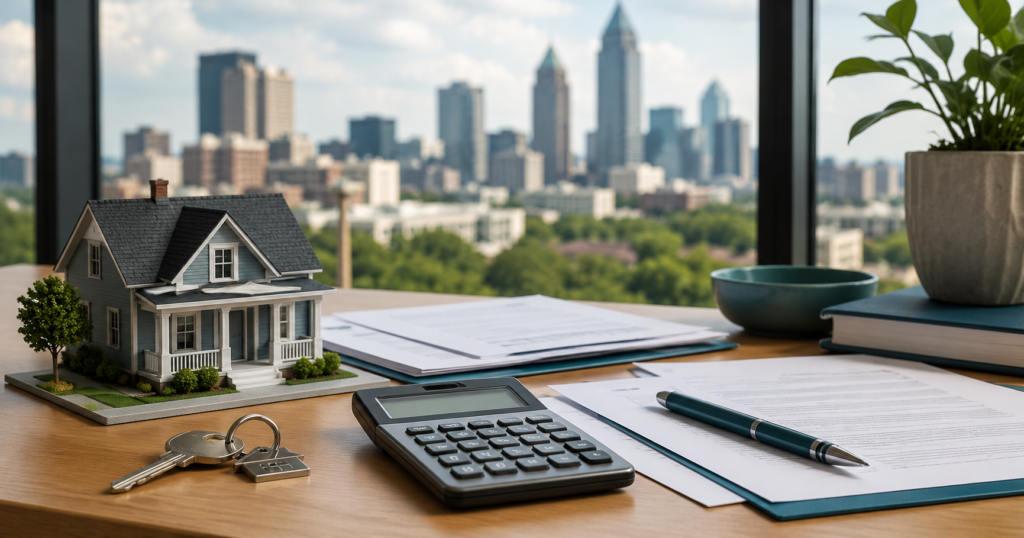 House model, calculator, keys, and real estate documents overlooking the Atlanta skyline