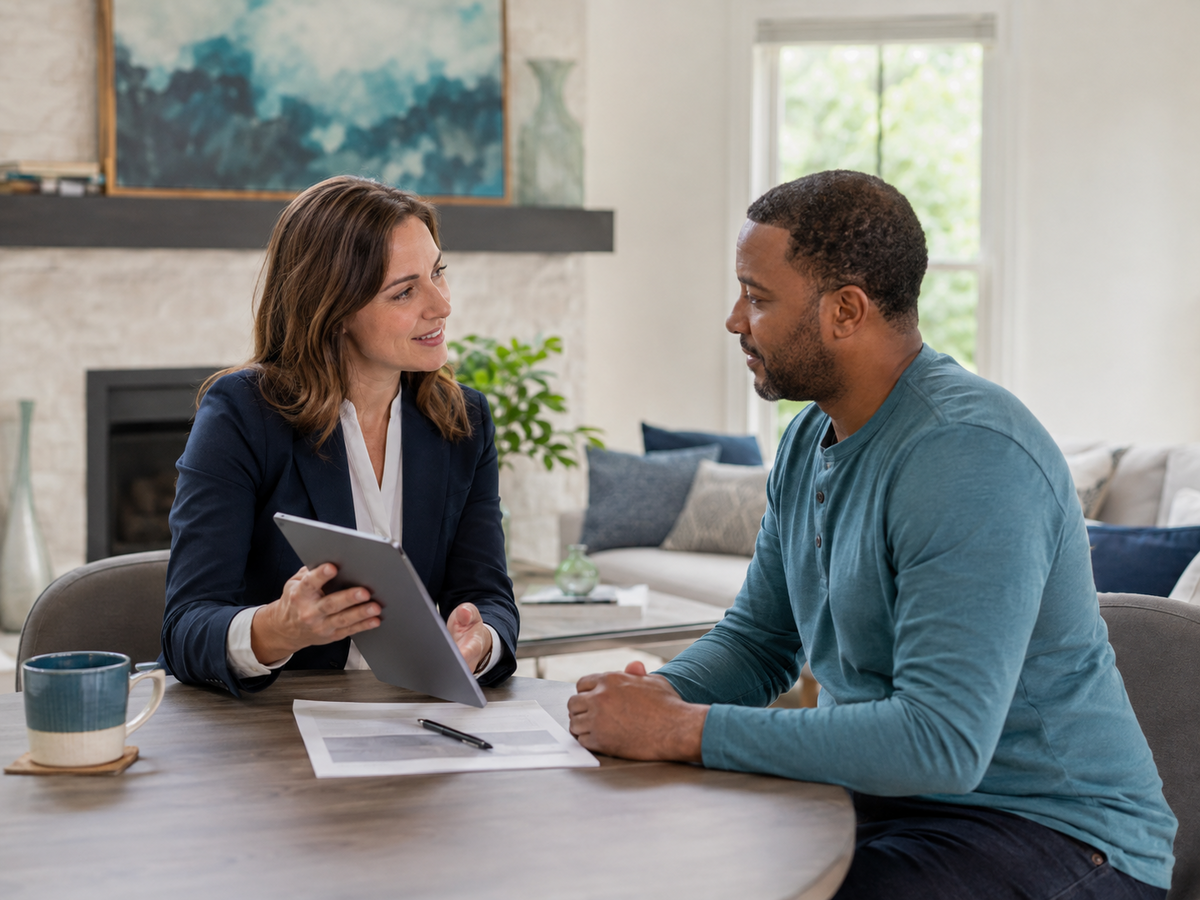 Homeowner speaking directly with a real estate agent during a personal consultation