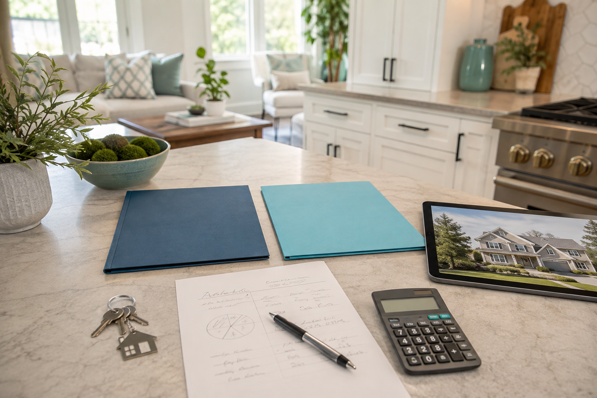Real estate documents, calculator, keys, and listing information used to compare a guaranteed offer with a market listing